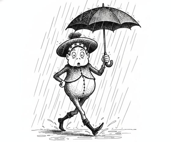 A Brownie — umbrella in the rain, same character