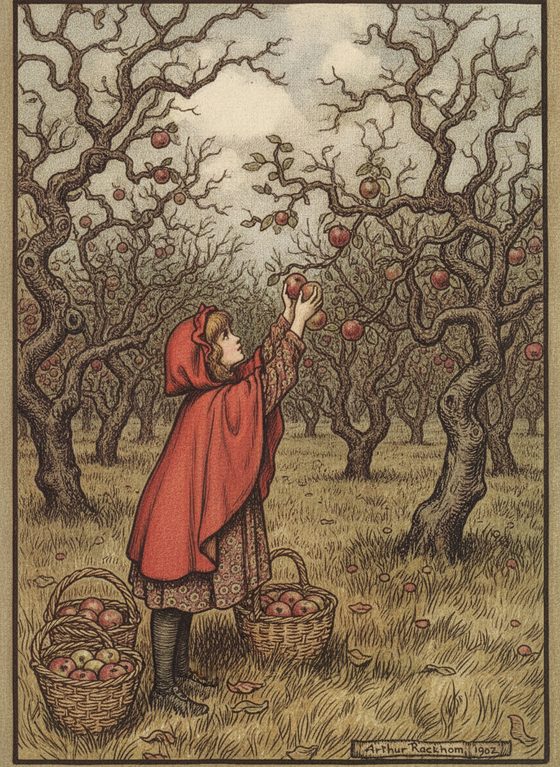 Little Red Riding Hood — picking apples, same character